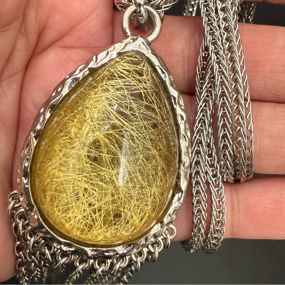 Stainless Steel Golden Rutilated Quartz Teardrop Fringe Pendant 29” Necklace - Picture 8 of 14